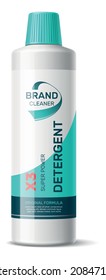 Realistic detergent package design. Plastic bottle with blue label template