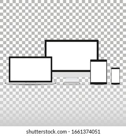 Realistische Geräte-Flachsymbole: Smartphone, Tablet, Laptop. Vektorillustration auf isoliertem Hintergrund
