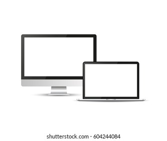 Realistic device flat Icons: laptop and desktop computer. Vector illustration on isolated background