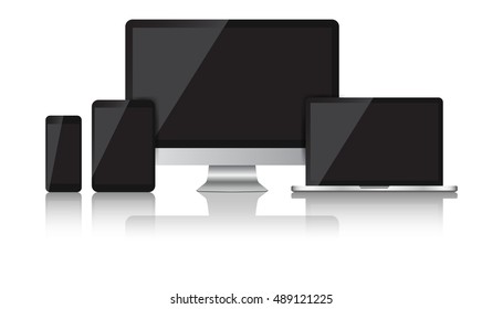Realistic device flat Icons: smartphone, tablet, laptop and desktop computer. Vector illustration