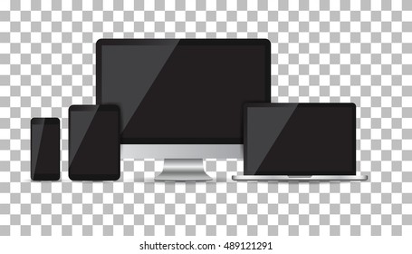 Realistic device flat Icons: smartphone, tablet, laptop and desktop computer. Vector illustration