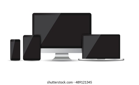 Realistic device flat Icons: smartphone, tablet, laptop and desktop computer. Vector illustration