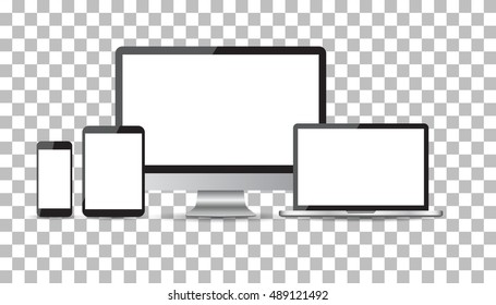 Realistic Device Flat Icons: Smartphone, Tablet, Laptop And Desktop Computer. Vector Illustration