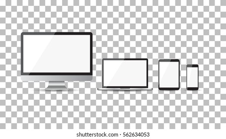 Realistic device flat Icons: smartphone, tablet, laptop and desktop computer. Vector illustration on isolated background