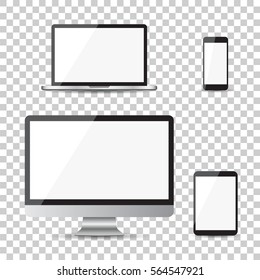 Realistic device flat icons: smartphone, tablet, laptop and desktop computer. Vector illustration on isolated background