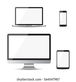 Realistic device flat Icons: smartphone, tablet, laptop and desktop computer. Vector illustration on white background