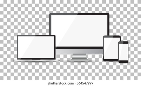 Realistic device flat Icons: smartphone, tablet, laptop and desktop computer. Vector illustration on isolated background