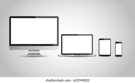 Realistic device flat Icons: smartphone, tablet, laptop and desktop computer. Vector illustration