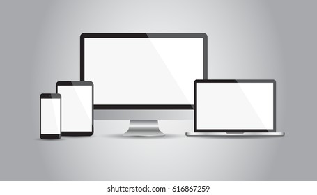 Realistic device flat Icons: smartphone, tablet, laptop and desktop computer. Vector illustration on gray background