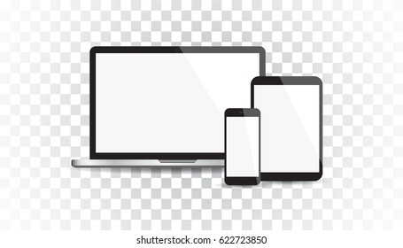 Realistic device flat Icons: smartphone, tablet, laptop. Vector illustration on isolated  background