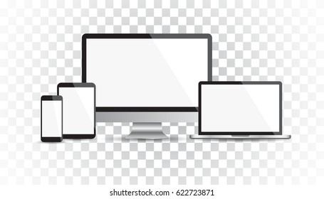 Realistic device flat Icons: smartphone, tablet, laptop and desktop computer. Vector illustration on isolated background