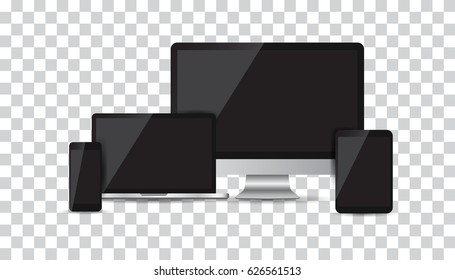 Realistic device flat Icons: smartphone, tablet, laptop and desktop computer. Vector illustration on isolated background