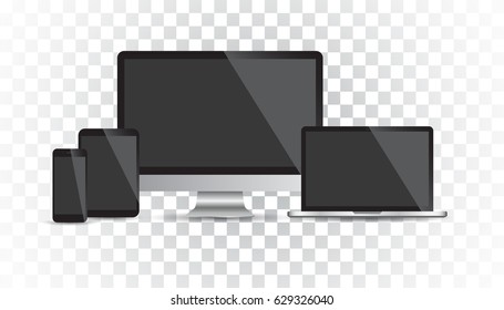 Realistic device flat Icons: smartphone, tablet, laptop and desktop computer. Vector illustration on isolated background