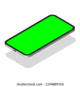 Realistic device mockup isolated on white background. Modern mobile phone empty display. Isometric cellphone with blank screen. Copy space template vector illustration