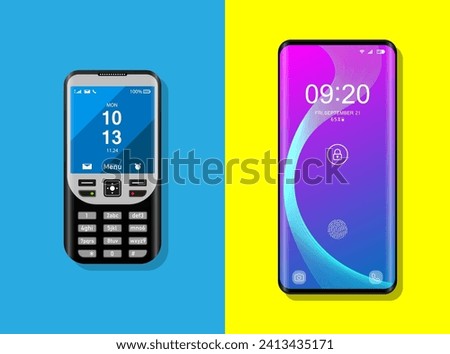 Realistic device mockup, new smartphone vs old simple phone, vector illustration