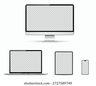 Realistic device mockup set with blank empty screen. Tablet PC , desktop computer, laptop and smartphone