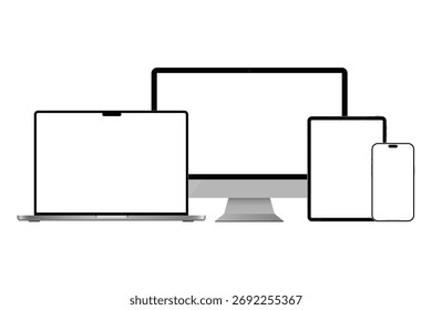 Realistic device mockup set with phone, tablet, and computer isolated on white background – vector template for UI and web design