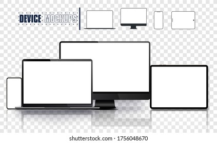 Realistic device set: pc, monitor laptop, tablet and phone template. Electronic and devices related line icon set. Vector illustration