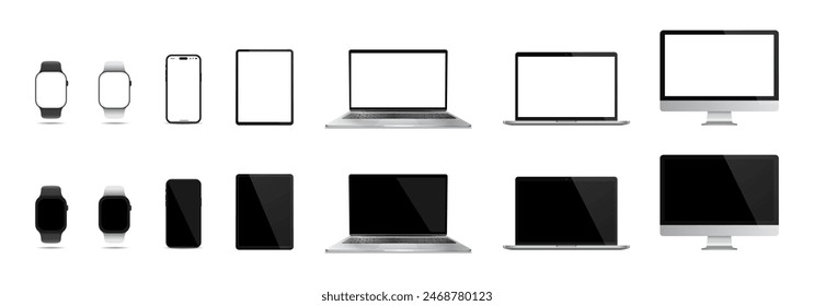 Realistic device set. Watch, smartphone, tablet, laptop and pc monitor.