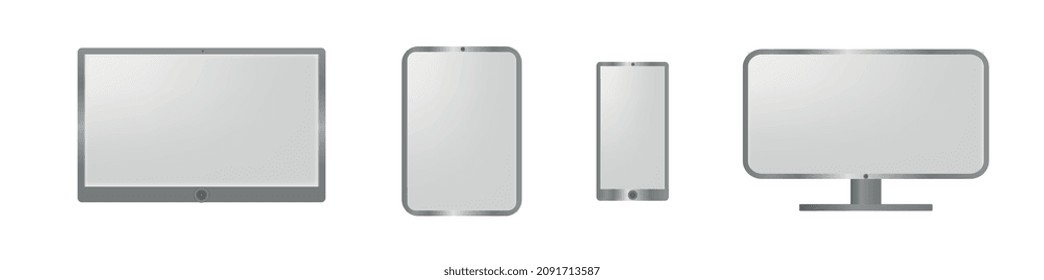 Realistic devices mockup set : Isolated smartphone, laptop computer, tablet, monoblock monitor, on white background. Empty screen mock-up.