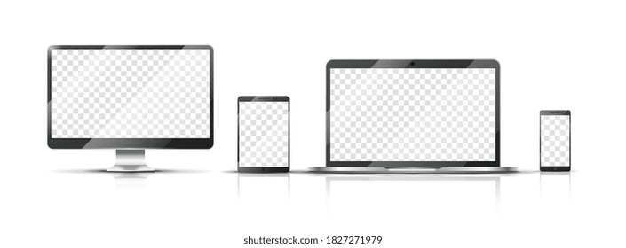 Realistic devices mockup. Smartphone, monitor laptop and tablet with transparent screen. Isolated mobile vector illustration