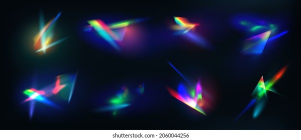 Realistic diamond reflection, rainbow light optical effect. Crystal, jewelry, prism or lens flare. Iridescent glowing sparkles vector set. Colorful spectrum glow collection, bright beams