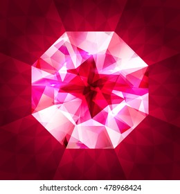 Realistic diamond in top view on shiny dark background. Vector illustration. Crystal texture. Ruby red gem stone.