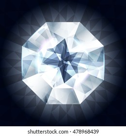 Realistic Diamond In Top View On Shiny Dark Background. Vector Illustration. Crystal Texture. White Gem Stone.