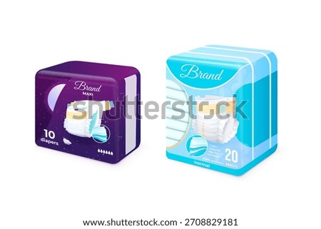 Realistic diapers pack. 3d diaper package design, diapering stack baby nappy sanitary product advertising newborn care child pant toddler panties night sleep vector illustration
