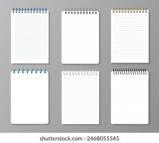 Realistic diary notebooks. Vector set of blank 3d paper notepads with varying page layouts, including grid, lined, and blank pages with wire binding, Office writing stationery templates for notetaking