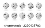 Realistic dices, 3d gamble game cubes. Isolated vector object for gambling and board games. White cubes with random numbers and black pips on facet, for casino, craps and poker, tabletop or boardgames