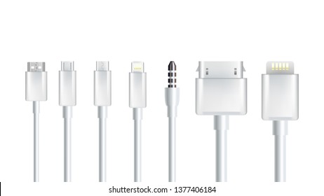 Realistic Different Cables Connection Set Vector. Usb Hardware Different Plug Ports For Interconnect Smartphone And Headphones Top View Isolated Image On White Background. 3d Illustration