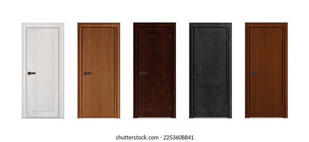 Realistic different color closed wooden doors set isolated on white background. Elements of architecture. Design template for graphics. Colorful front doors vector illustration.
