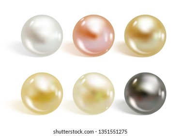 Realistic Different Colors Pearls Set. Round Colored Nacre Formed Within The Shell Of A Pearl Oyster, Precious Gem. Vector Illustration