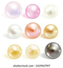 Realistic different colors pearls set. Round colored nacre formed within the shell of a pearl oyster, precious gem. Vector illustration