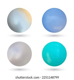 Realistic different colors pearls set. Round colored nacre formed within the shell of a pearl oyster, precious gem. Vector illustration.