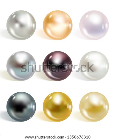 Realistic different colors pearls set. Round colored nacre formed within the shell of a pearl oyster, precious gem. Vector illustration