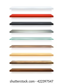 Realistic different colors wooden shelves set attached to the white wall and with shadows vector illustration