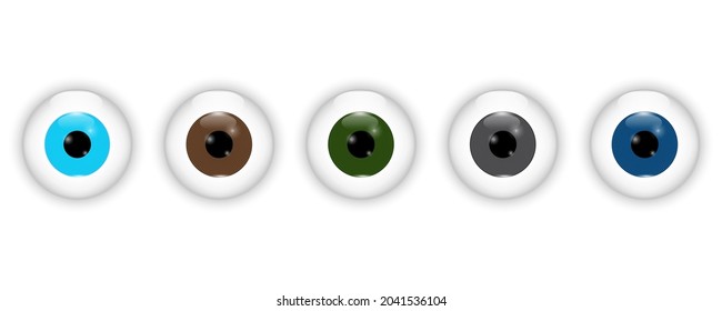 Realistic different eyeball set. Blue, brown, green, black and dark blue eye icon. Vector illustration. Stock image. 