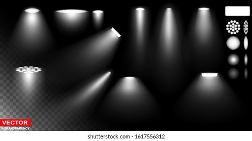 Realistic different glow light effect with white spotlight. Abstract special effect element design. Black stage background. Layered vector with transparency.