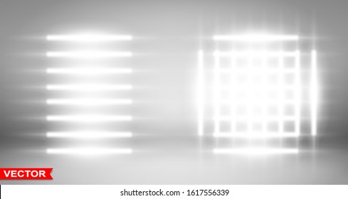 Realistic different glow light effect with big white spotlight. Abstract special effect element design. Gray stage background. Layered vector.