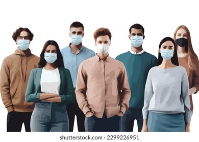 Realistic Different People in protective medical face masks. Men and women wearing protection from air pollution, virus, pollutant gas emission. Vector