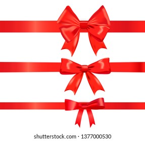 Realistic different red ribbon bows set, vector illustration
