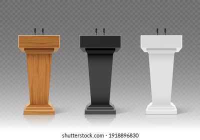 Realistic different types of debate tribune. Announcement podium with microphone. Vector illustration