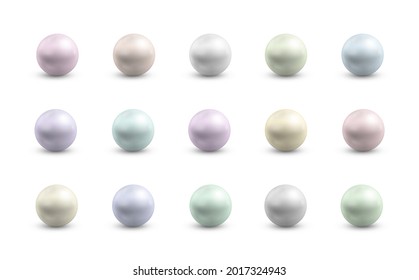 Realistic differents colors pearls set. Round colored nacre. Set of metal balls.