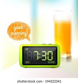 Realistic digital alarm clock with lcd display and glass of orange juice good morning background vector illustration