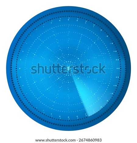 Realistic digital blue dotted radar searching. Navy or air sonar scanning. Vector HUD radar display. Navigation, detection system interface. Signal control circle grid monitor, glow radial dashboard