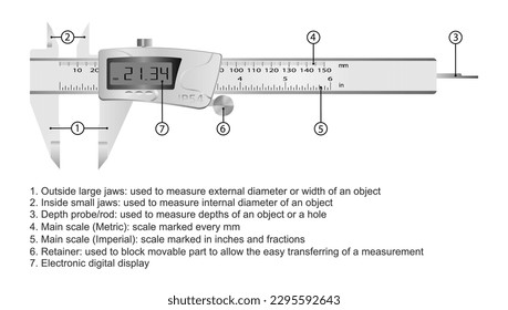 Realistic digital caliper with scale and screen. Explanatory note to the caliper device. Vector