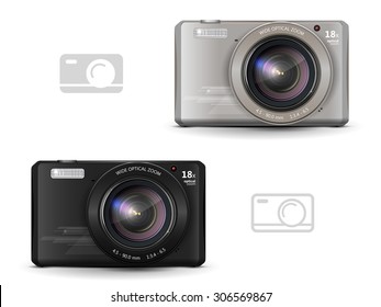 realistic digital camera, black and gray, and two icons on white background