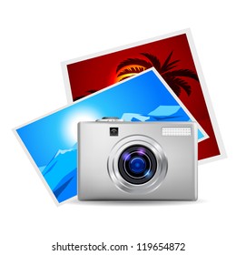 Realistic digital camera and photos. Illustration on white background